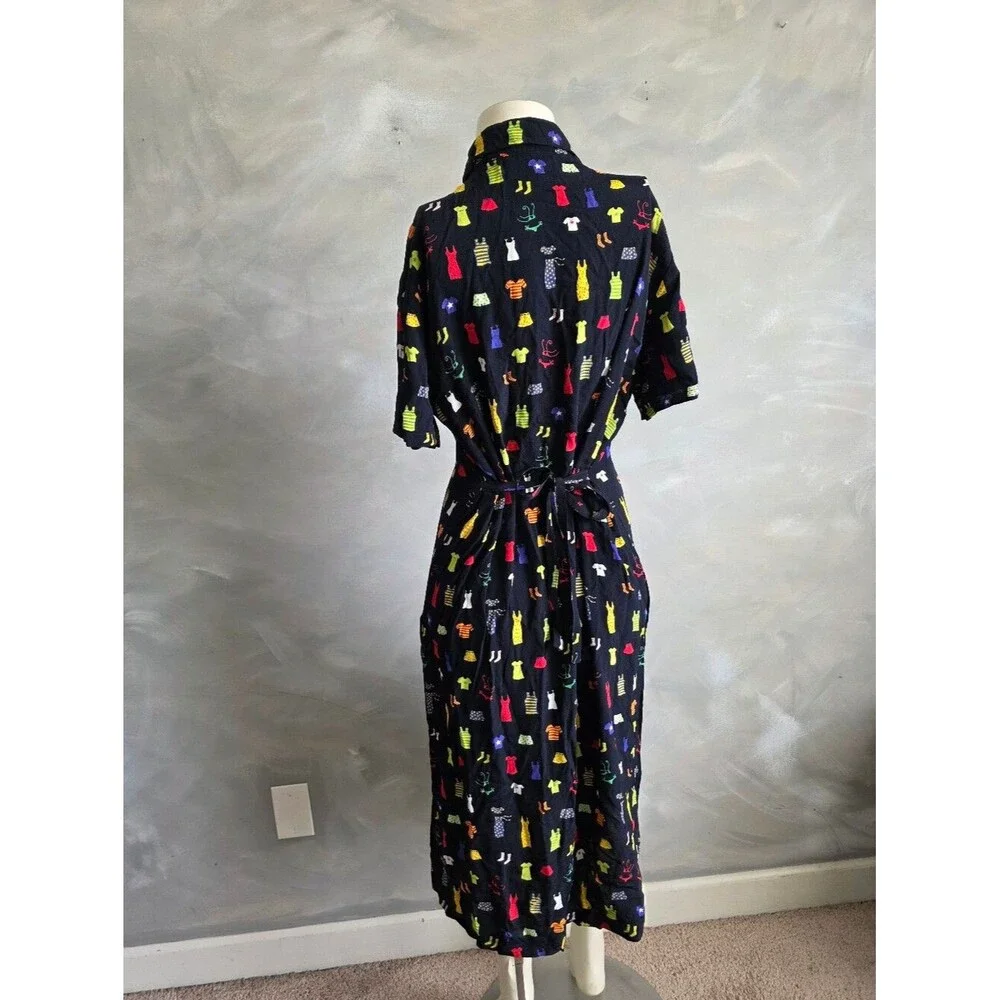 Vtg 90s David Dart Black Button Up Novelty Print Multicolor Dress Sz L Collar